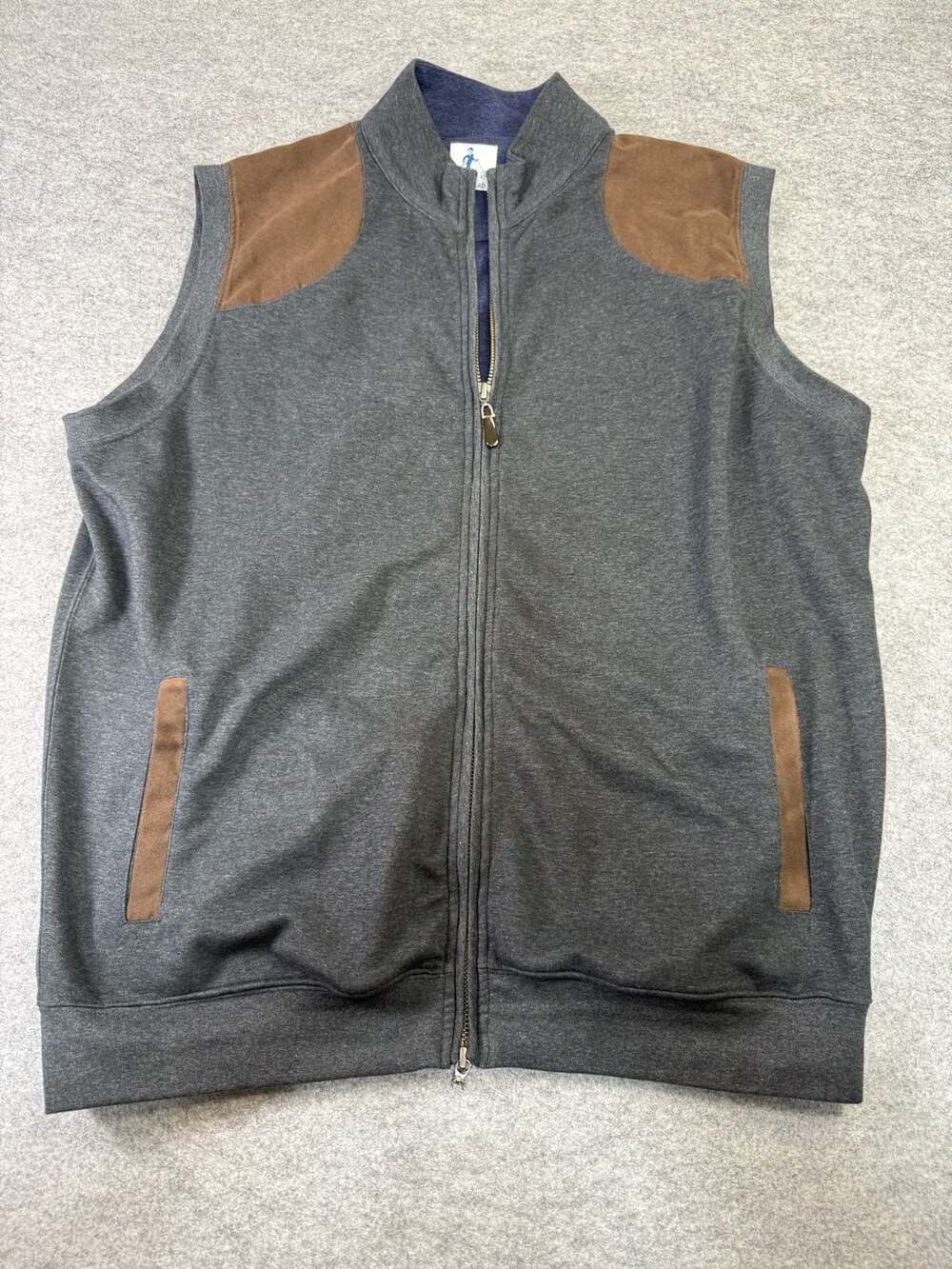 Sharp Lad Men's Full Zip Sweater Vest with Faux Suede Shoulder and Pocket Accent